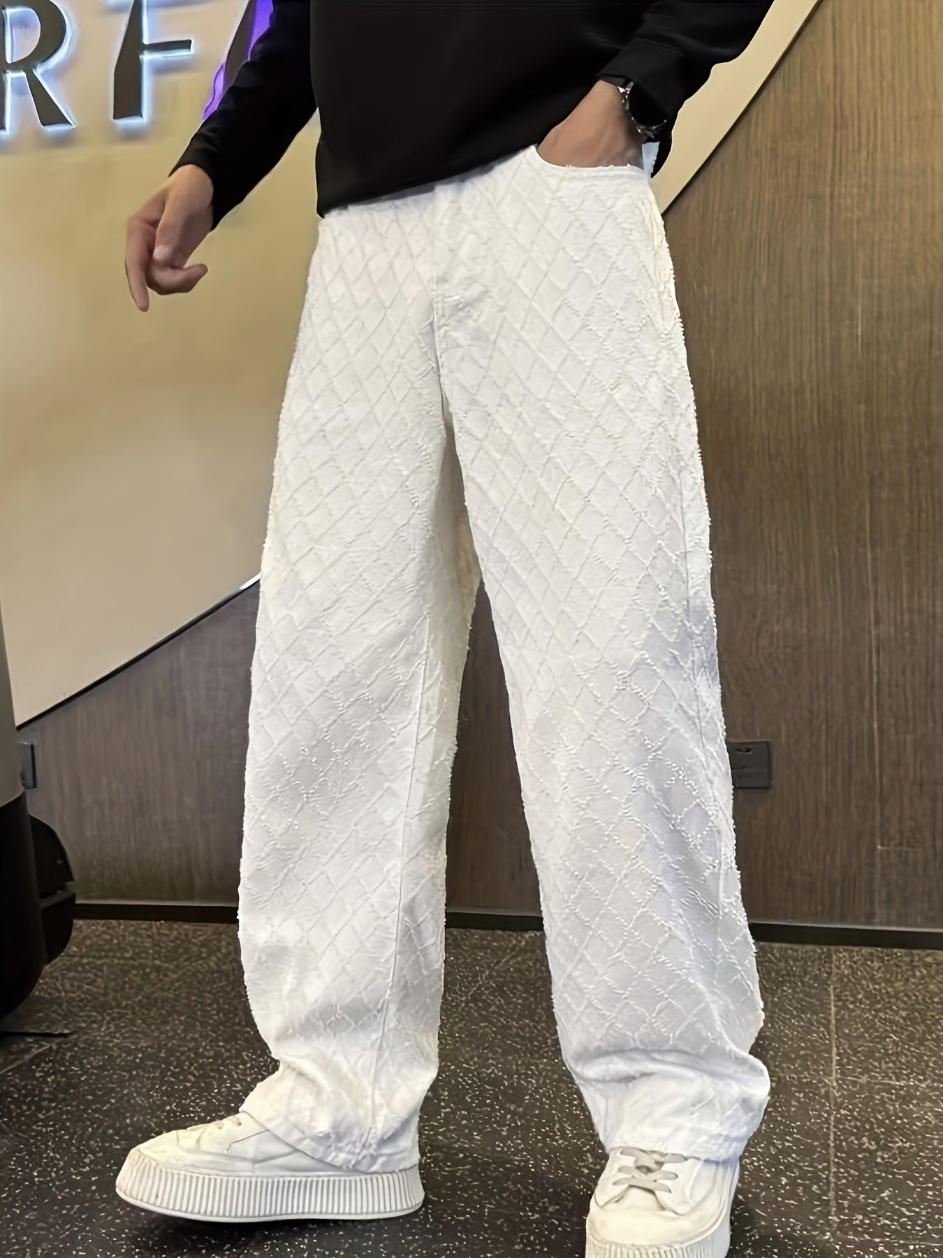 White Plaid Jacquard Jeans for Men, Trendy Straight-Leg Pants, Handsome Men's Trousers, High-Quality New Casual Pants for Spring and Autumn