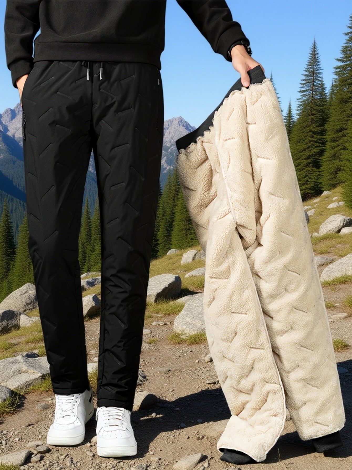 Winter Thickened Warm Polar Fleece Black Straight-Leg Pants, Single Piece