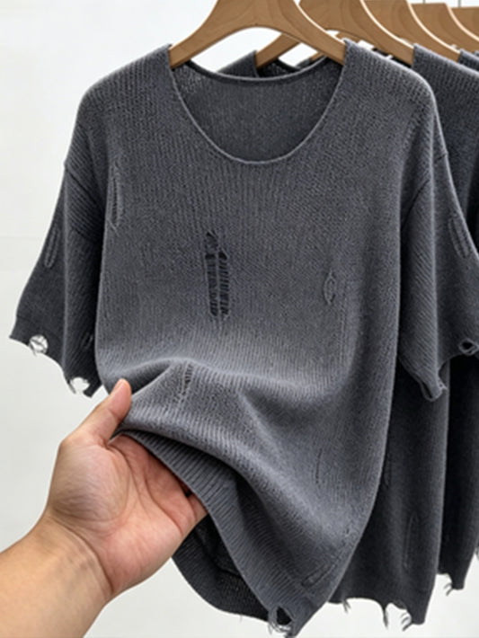 2026 New Lazy Style Ripped Knit Top Loose Hollowed-Out Raw Edge Short-Sleeved Summer Breathable Cardigan