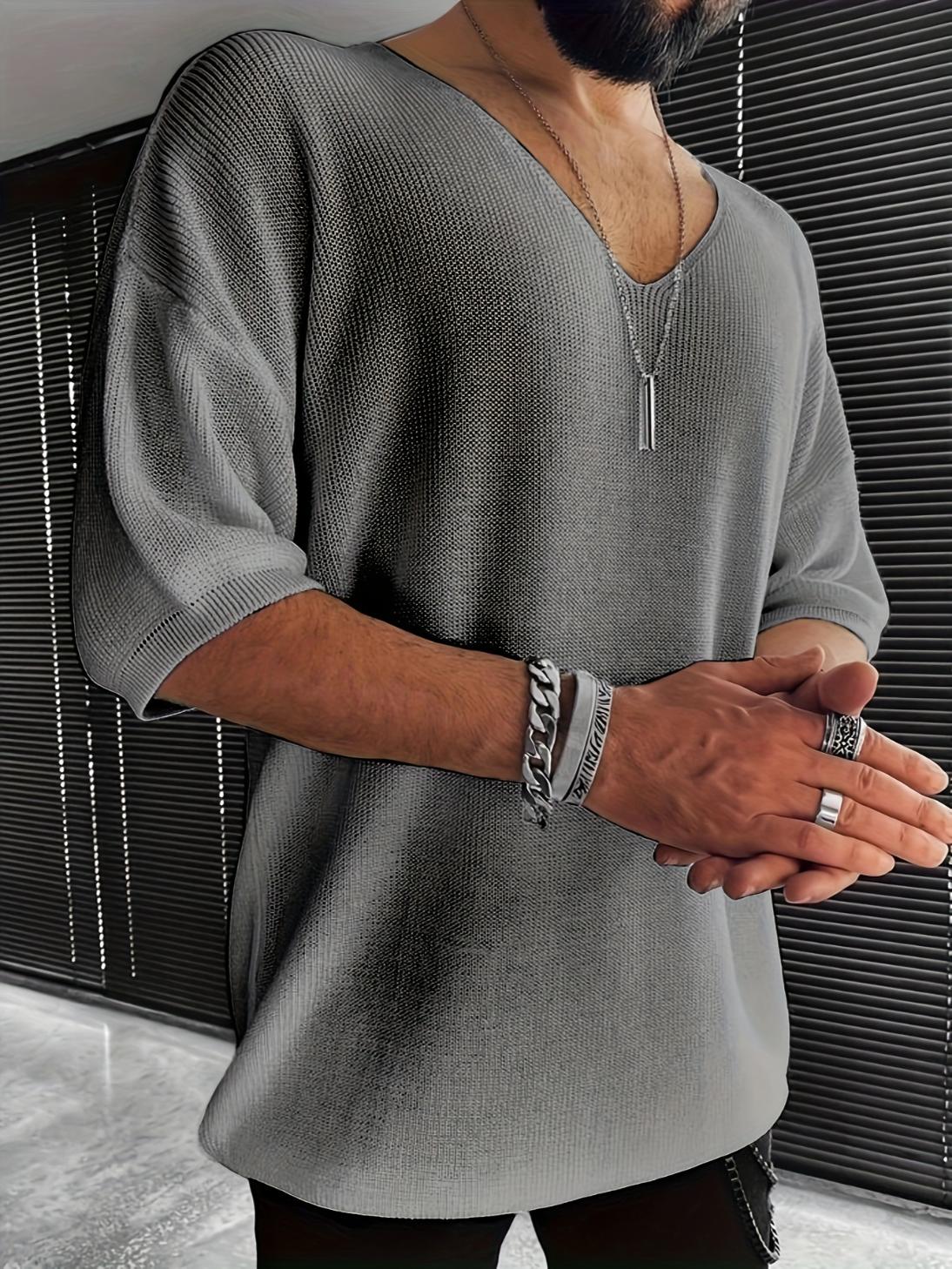 Men's Loose-Fit V-Neck Knit Short-Sleeve Pullover