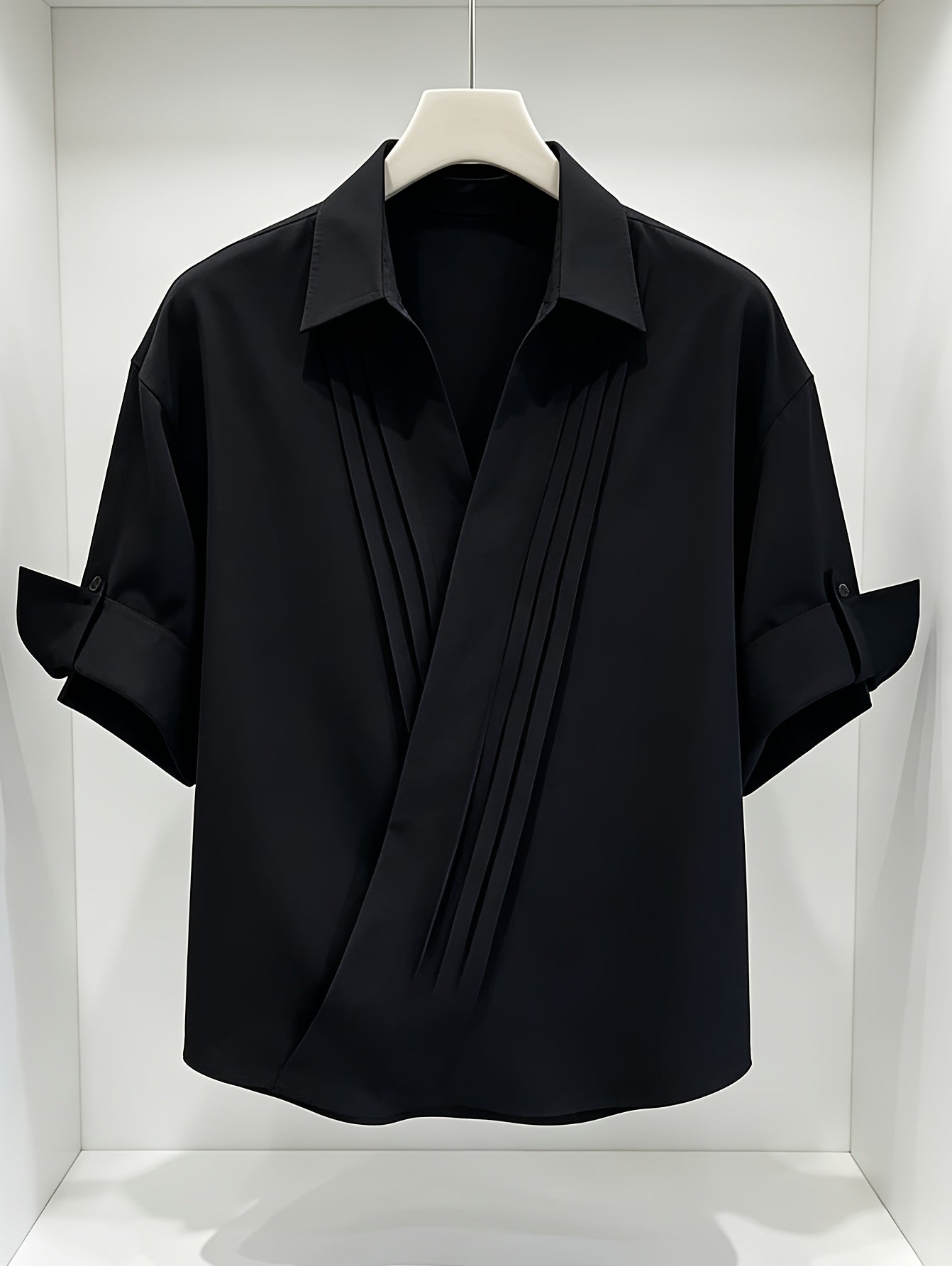 Button-up Shirt for Summer, Cool and Swaggering Men's Designer Pleated Casual Short-Sleeve Shirt, Premium Solid Color Top