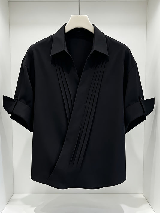 Button-up Shirt for Summer, Cool and Swaggering Men's Designer Pleated Casual Short-Sleeve Shirt, Premium Solid Color Top