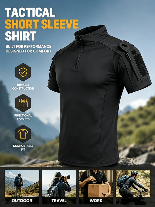 New Men'S Short Sleeve Tactical T-Shirt Summer Breathable Frog Suit Multi-Pocket 3/4 Zip Stand-Up Collar Outdoor Casual Short Sleeve Top Arm Breathable Tee Camping Hiking Fishing Running Sport Shirt No Additions Included