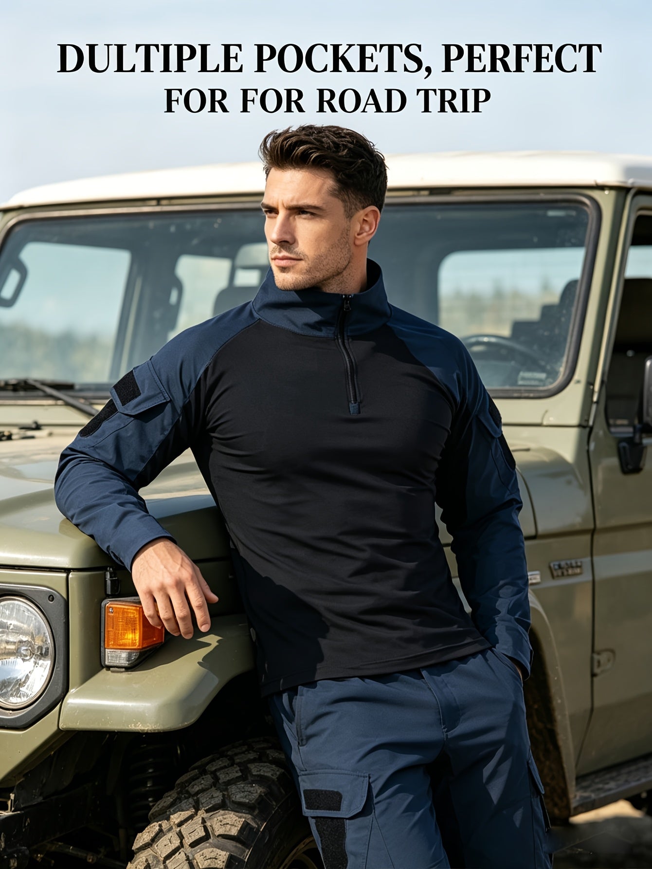 2pcs Men'S Tactical Outfit Set, Half-Zip Long Sleeve Frog Shirt And Multi-Pocket Cargo Pants, Breathable Wear-Resistant Outdoor Hiking Combat Training Work Uniform Suit