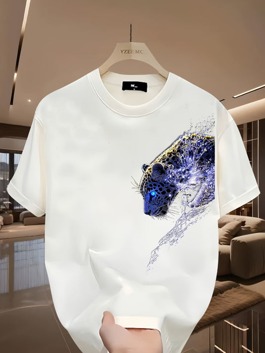 Men's Versatile Round Neck Short Sleeve Celestial Leopard T-Shirt