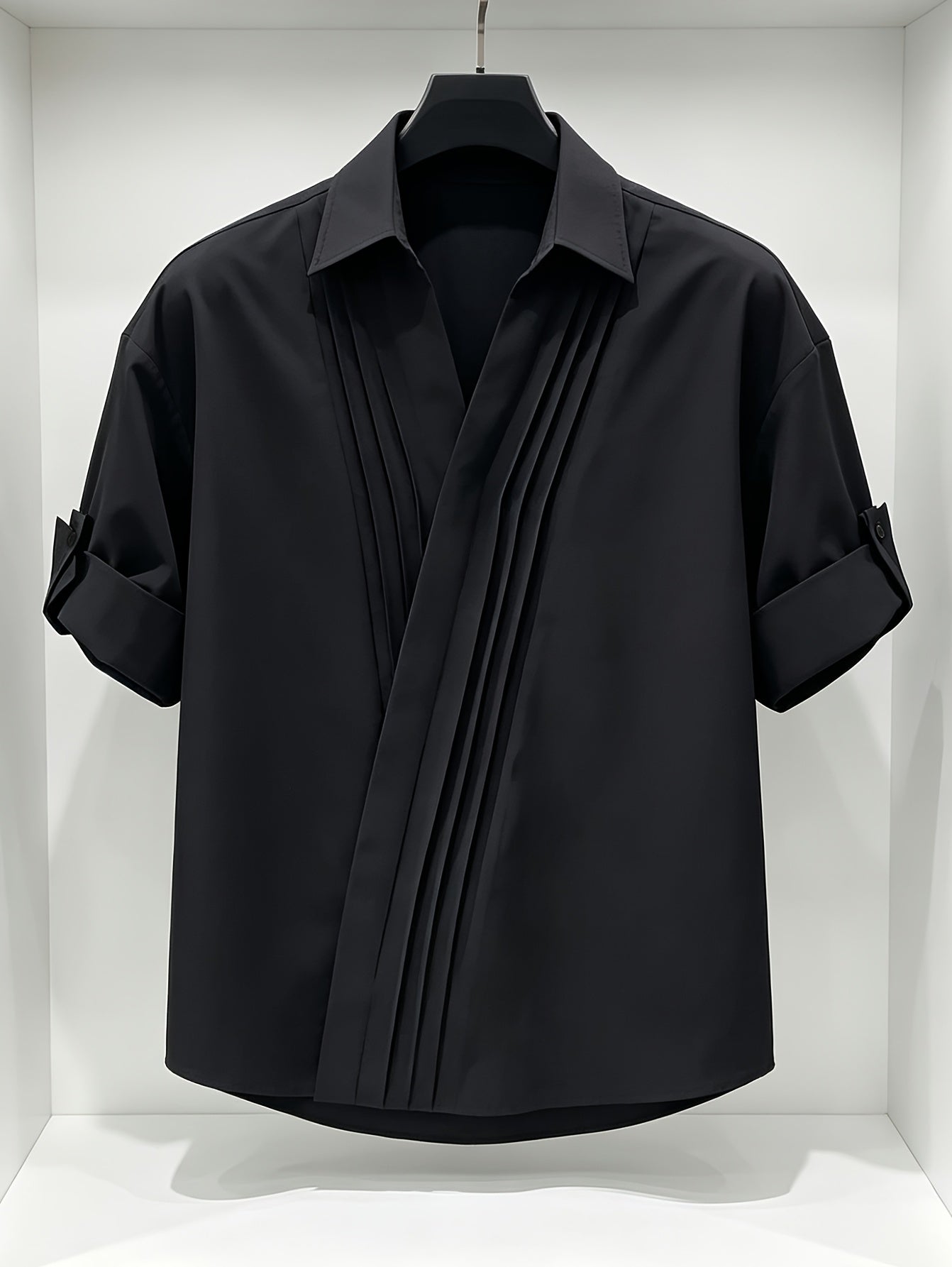 Button-up Shirt for Summer, Cool and Swaggering Men's Designer Pleated Casual Short-Sleeve Shirt, Premium Solid Color Top