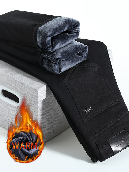 Men'S Winter Thick Warm Business Jeans, Loose Straight Leg, Fleece-Lined And Thickened Casual Trousers