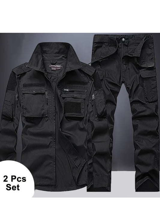 Men's and Women's Special Forces Outdoor Multi-Pocket Long Sleeve Shirt & Pants Set, Durable Slim Fit Stand Collar Tactical Training Two-Piece Work Uniform for CS Team