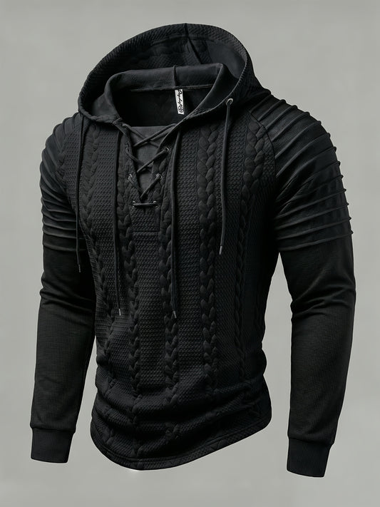 ROYALBOY Textured Jacquard Fabric Contrast Color Pleated Ribbed Sleeves Drawstring Design Fashionable Outdoor Casual Hooded Sportswear Top