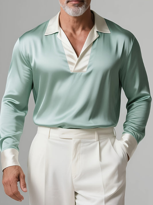 Men'S Color-Matched Contrast-Color Border Long-Sleeve V-Neck Shirt