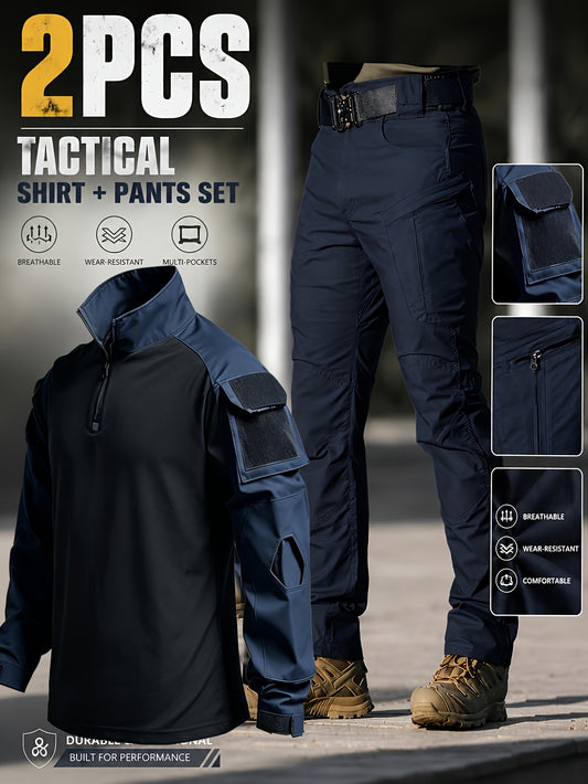 2pcs Men'S Tactical Outfit Set, Half-Zip Long Sleeve Frog Shirt And Multi-Pocket Cargo Pants, Breathable Wear-Resistant Outdoor Hiking Combat Training Work Uniform Suit