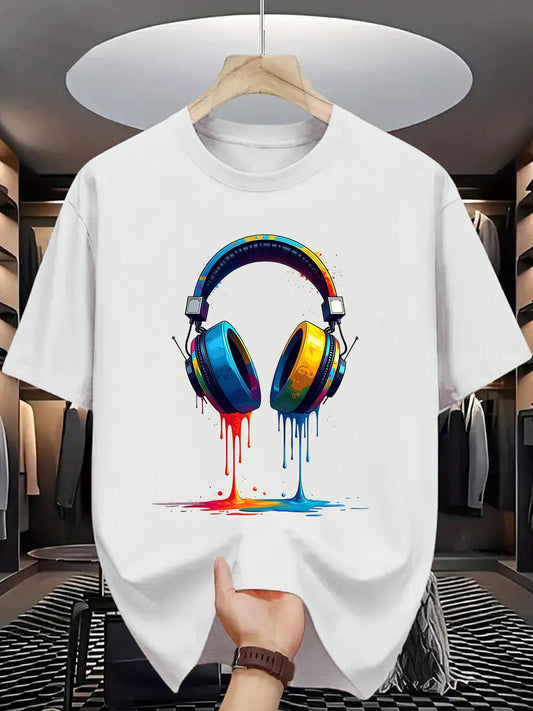Colorful Dripping Headphones T-Shirt for Men Women, Music Lover Streetwear Graphic Tee