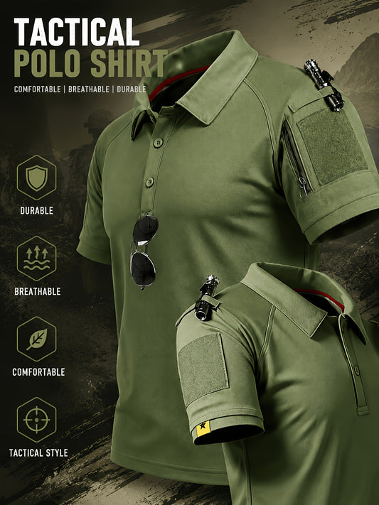 1pc Men's Shirt, Summer Short Sleeve Lapel Quick-Dry T-Shirt, Tactical Classic Outdoor Casual Short Sleeve Top with Pocket, Arm, Breathable Tee for Camping, Hiking, Fishing, Running, Sportswear. Accessories Not Included