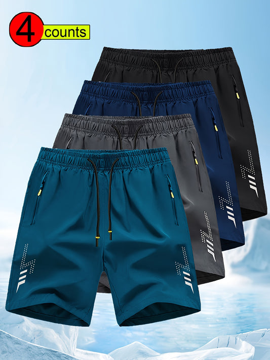 4pcs Men's Workout Shorts High Stretch Quick-Drying, Lightweight Breathable Athletic Shorts with Secure Zipper Pockets for Bodybuilding Running Training