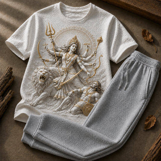 Goddess Durga Warrior Queen White T-Shirt with Light Grey Trackpant Combo