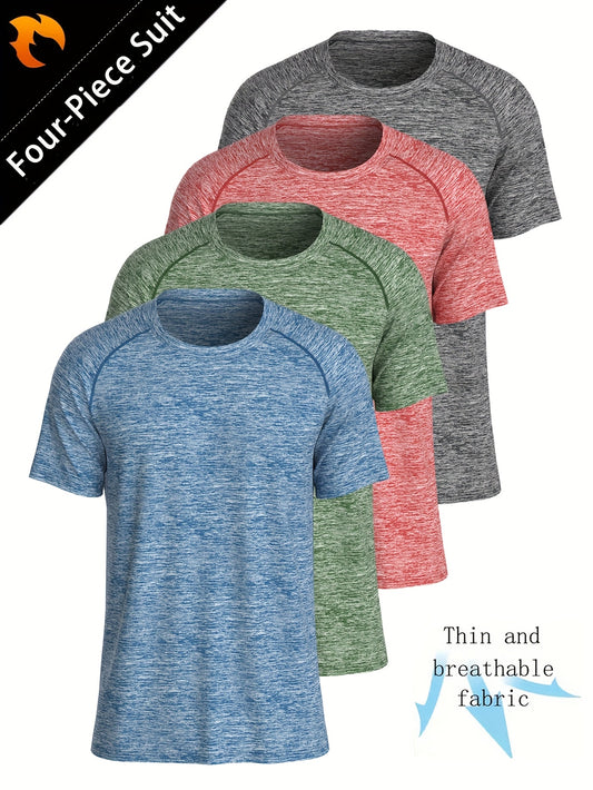 4-Pc T-Shirts, Men'S Casual Comfortable T-Shirts, Breathable Moisture-Wicking Round Neck Short Sleeves, Fashionable Solid Color Short Sleeve Tops, Suitable for Summer Daily Wear And Exercise