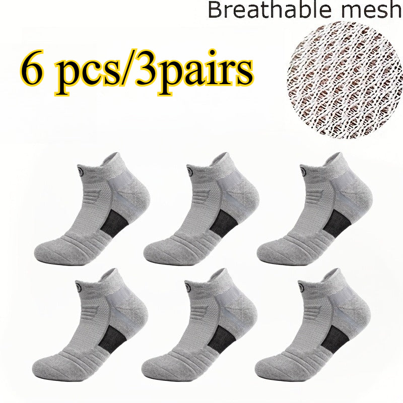 6pcs/3pairs Men's Towel Bottom Sports Socks - Comfortable and Breathable Spring, Summer, and Autumn Sports Socks, Anti Slip Sweat Absorbing Running Marathon Outdoor Sports and Leisure Socks, Sweat Absorbing and Moisture Wicking, High Elasticity and Q