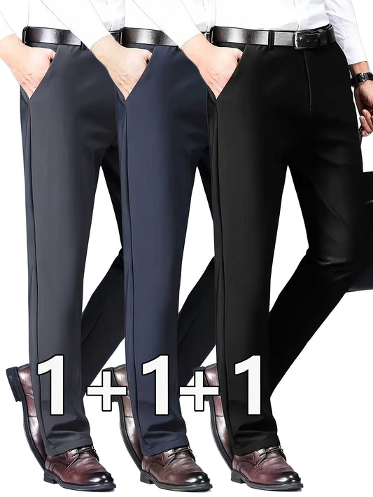 3pcs Men's Professional Business Dress Pants, Office Trousers, Stretchy and Versatile for Work, Black Suit Pants, Straight-Leg Casual Pants for Office Wear