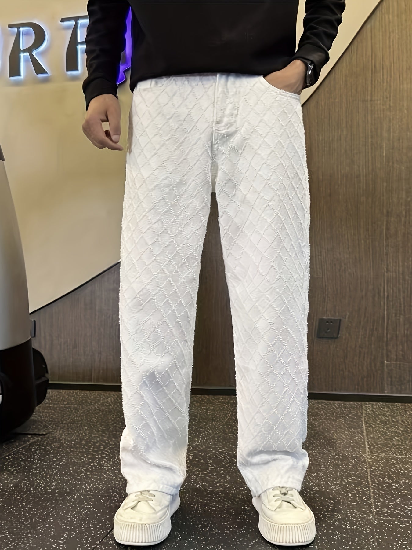 White Plaid Jacquard Jeans for Men, Trendy Straight-Leg Pants, Handsome Men's Trousers, High-Quality New Casual Pants for Spring and Autumn