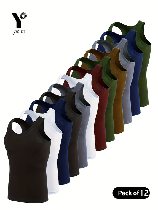 12pcs Assorted Color Pack Vests: Black, White, Navy Blue, Black/Gray, Burgundy, Army Green, Khaki, Gray, Navy Blue, Army Green. Fashionable, Breathable, Comfortable, and Quick-drying Sports and Fitness Vests. Casual Solid-color Tops. Men's Summer