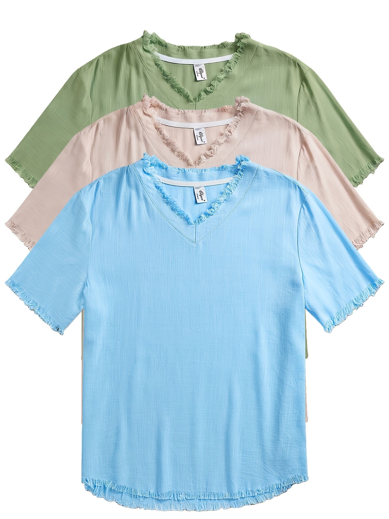 3pcs Set Men's Fashion Top, Spring/Summer Outdoor Casual Linen Fabric, Solid Color V-Neck with Raw Hem Design Men's Henley Shirt