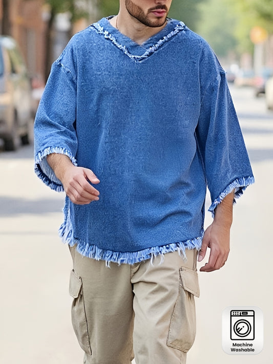 Men'S Casual Fashion V-Neck T-Shirt with Tassel Details, Loose Fit Top, Plus Size Breathable Machine Washable Blue T-Shirt, Casual Apparel, Easy Care Fabric