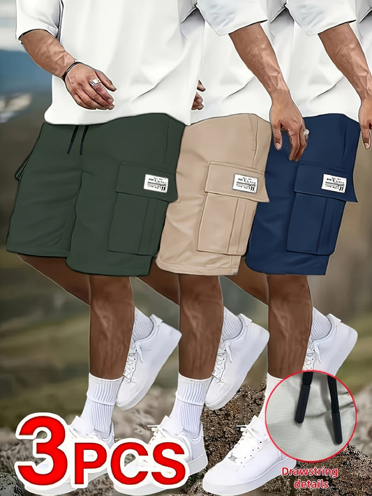 3pcs Men'S Casual Cargo Shorts Set - Mid-Rise Elastic Drawstring Waistband, Multi-Pocket Design, Suitable for Golf And Outdoor Activities (Black, Beige, Light Gray, Dark Gray), Loose Durable Fabric | Comfortable Energetic Style, Perfect for Gym