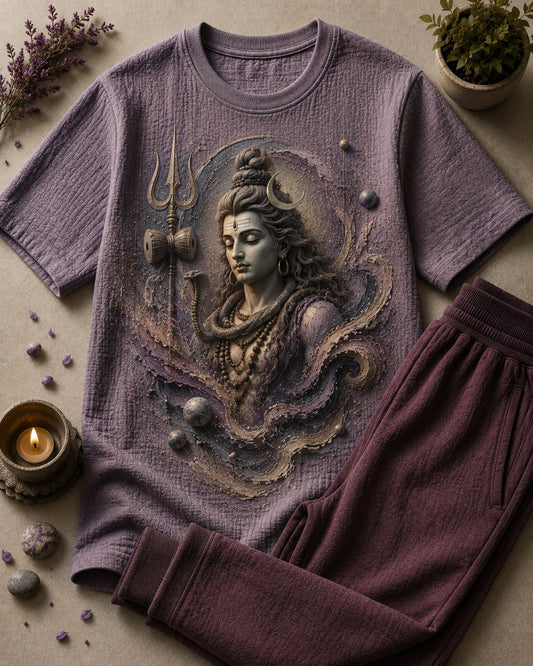 Lord Shiva Meditation Lavender T-Shirt T-Shirt with Maroon Red Trackpant Combo