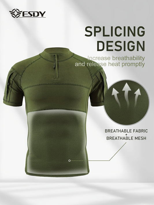 ESDY 1 Men's Short-Sleeve T-Shirt Summer Cotton Short-Sleeve Outdoor Sweat-Wicking Sports T-Shirt Round Neck, Zipper Front, Breathable Mesh Panel Jacquard Knit Fabric Mesh Outdoor Sports T-Shirt