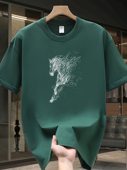 Men's Heavyweight 100%  Graphic T-Shirt - Geometric Horse Print Short Sleeve Round Neck Casual Top, Breathable Summer Tee