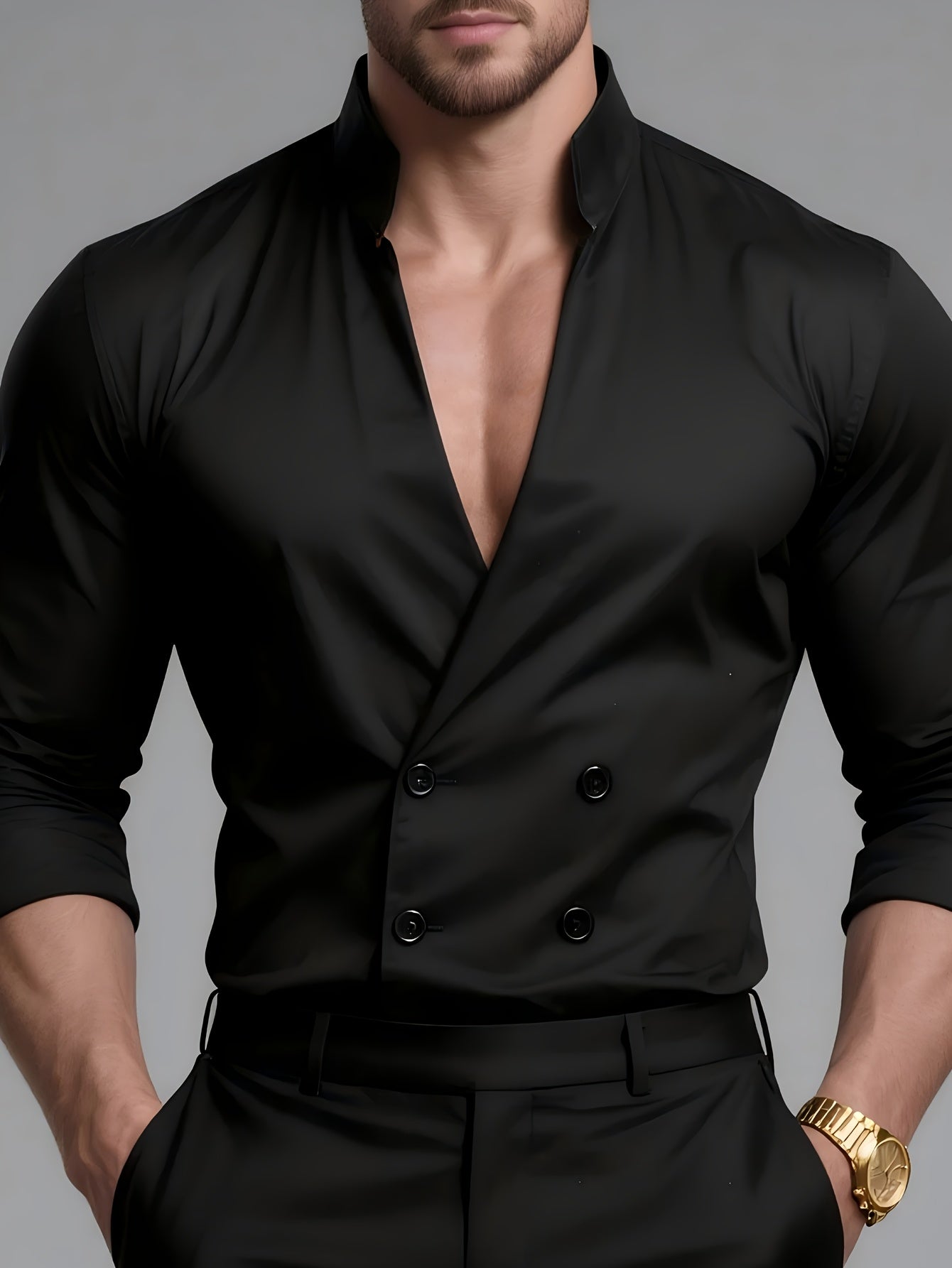 Western Double-Breasted Men'S Stand-Up Collar Shirt Long Sleeve Bad Boy Premium Solid Color Slim Fit Dress Shirt V-Neck Top Jacket