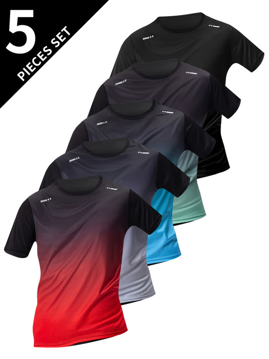 5pcs Men's Quick-Dry Gradient Color - suitable for swimming & outdoor training T-Shirts - Breathable Short Sleeve Summer Athletic Shirts with Loose Fit (5pcs Bulk)