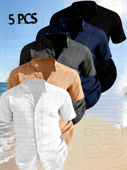 5pcs, Men'S Clothing Short Sleeve Shirts, 2026 Men'S Clothing New Stand-Up Collar Solid Color Shirt - Spring Summer High-Quality Men'S Short Sleeve Stand-Up Collar Button-Up Shirt T-Shirt - Suitable for Beach Vacation Outdoor Trav