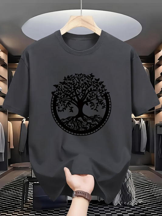 Men's Tree Print Casual T-Shirt, Breathable Loose-Fit Short Sleeve Top
