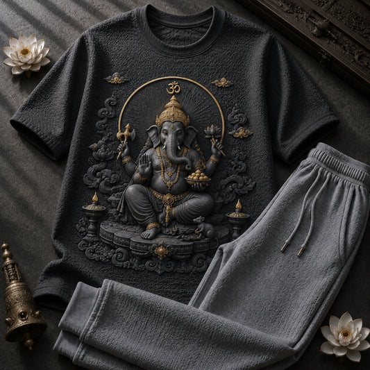 Lord Ganesha Luxury Edition Black T-Shirt with Light Grey Trackpant Combo