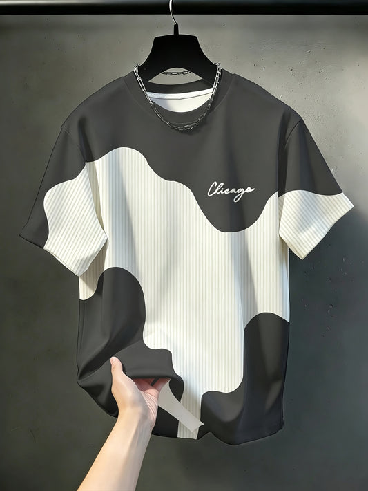 Men's Chicago-Themed T-Shirt with Chicago Word Print & Patchwork Stripe Design - Breathable Crew Neck Casual Top Suitable for Daily Wear,, Gifts for Teens & Adults, Machine Washable Durable Shirt, Chicago Apparel