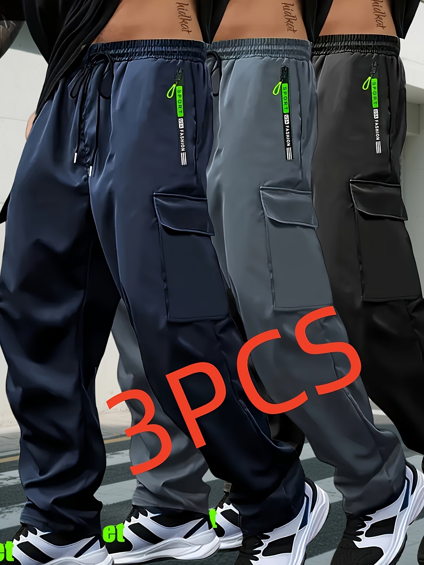 3pcs Men's Cargo Pants Set - Relaxed Fit, Multi-Pocket Design, Street Style Trend with Zipper Details and Large Storage Space for a Versatile Look for Modern Men