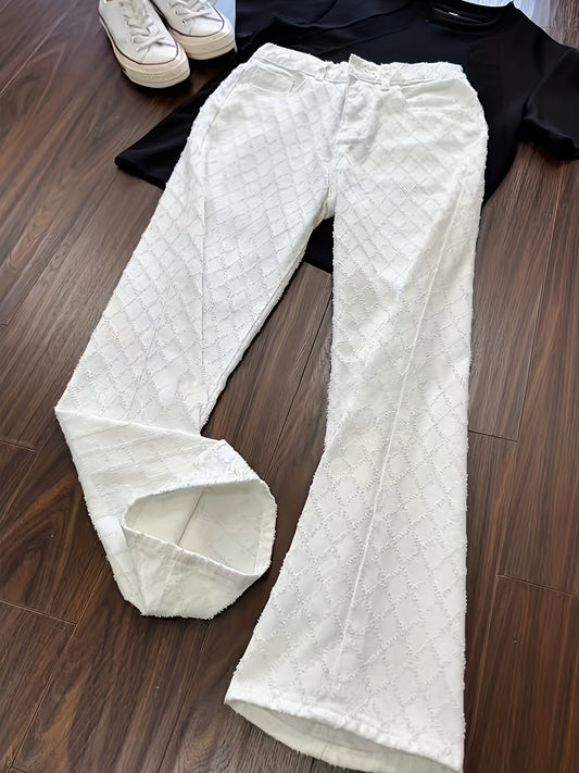 White Plaid Jacquard Jeans for Men, Trendy Straight-Leg Pants, Handsome Men's Trousers, High-Quality New Casual Pants for Spring and Autumn