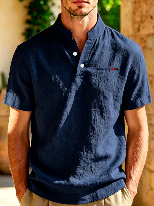 Men'S Casual Style Stand-Collar Short Sleeve Top, Summer New Style Recommendation, Non-Stretch Fabric Button-Up Shirt