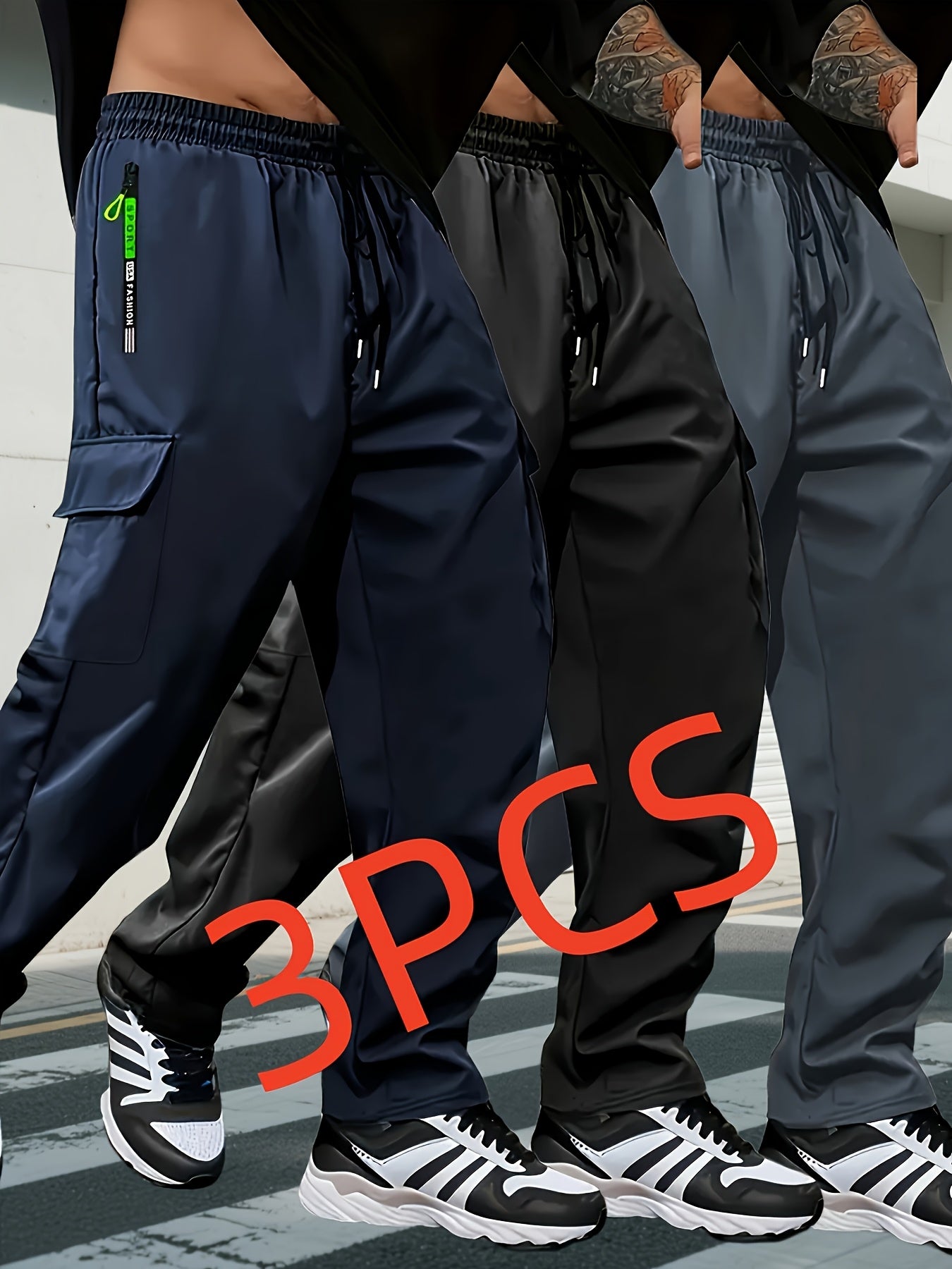 3pcs Men's Cargo Pants Set - Relaxed Fit, Multi-Pocket Design, Street Style Trend with Zipper Details and Large Storage Space for a Versatile Look for Modern Men