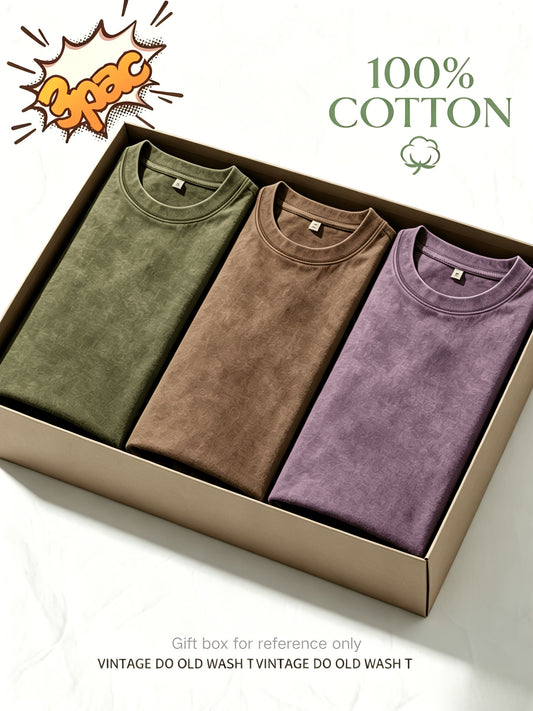 [Shule Water OBM] 3pcs Men'S Heavy 230G 100% T-Shirt Gift - Vintage Washed Street Style Loose Round Neck Short Sleeve, Breathable All-Season Casual Tee, Rose Red & Iron Gray & Black | Khaki & Army Green & Purple | Beige Apricot & Blue & Iron Gray