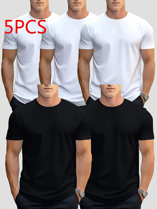 Men'S Summer Short Sleeve 5-Pc, Casual Sports- Cycling Outdoor T-Shirt Quick-Dry Solid Color Clothing