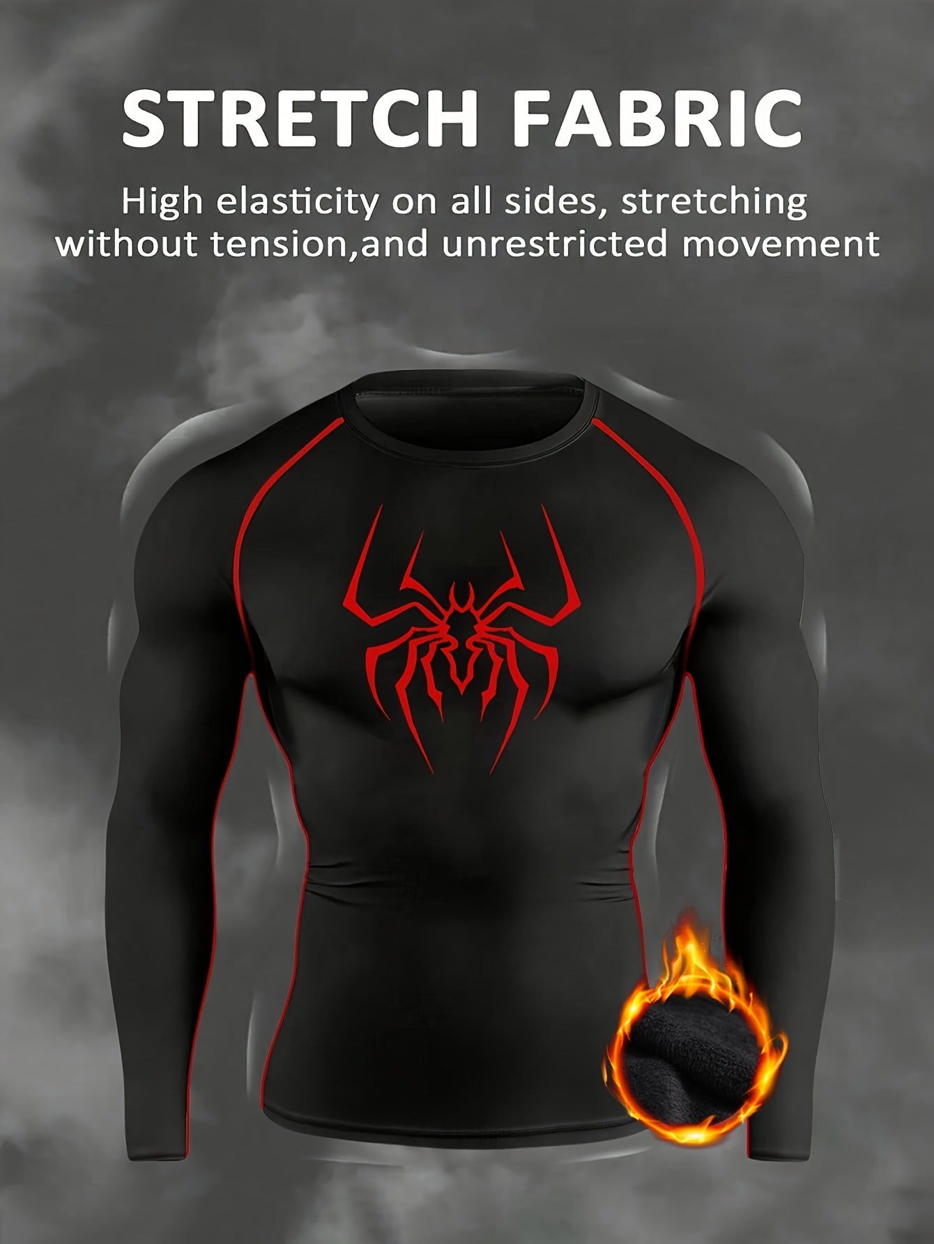1pc Men's Long Sleeve -Lined Crew Neck Casual T-Shirt, Spider Print Fashionable Trendy Printed Design, Medium Stretch Soft Polyester Fiber Fabric, Casual and Versatile