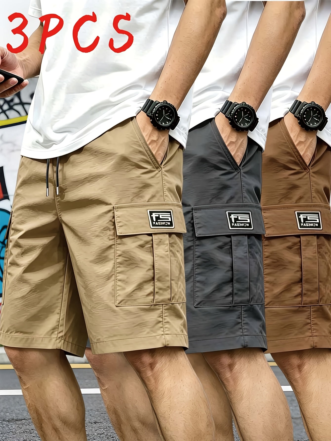 3pcs Men's and Unisex Cargo Shorts - Relaxed Fit with Drawstring Waist, Multi-Functional Pockets - Lightweight Non-Stretch Polyester Fabric, Suitable for Fitness, Hiking, and Daily Wear - Spring/Summer Casual Shorts, Hand Washable - for Men