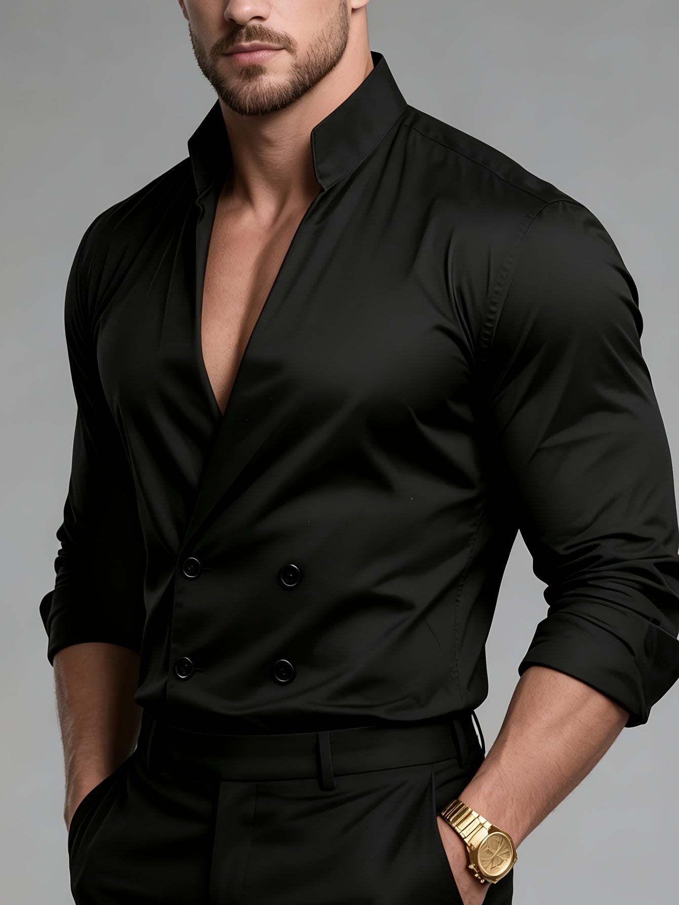 Western Double-Breasted Men'S Stand-Up Collar Shirt Long Sleeve Bad Boy Premium Solid Color Slim Fit Dress Shirt V-Neck Top Jacket