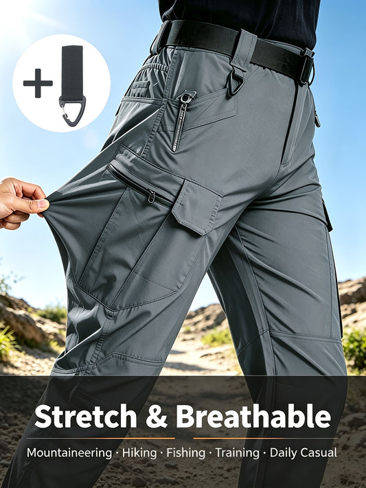 Spring And Autumn Stretch Fabric Cargo Long Pants Men'S Outdoor Thin Breathable Multi-Pockets Tactical Trousers Summer Elastic Waist Outdoor Casual Sweat-Absorbing Straight Long Pants with Multi-Functional Webbing Buckle, Sweat-Resistant