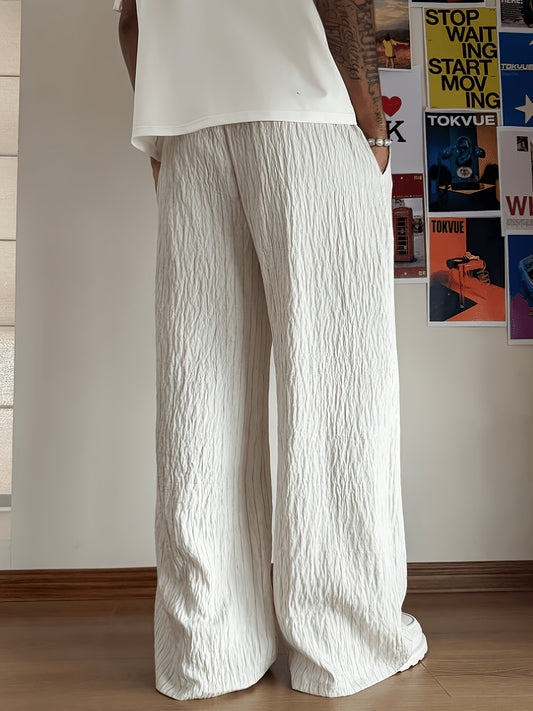 Men'S Casual Trousers, Pleated Pattern Fabric, Loose Fit, Elastic Waistband, Gift for Boyfriend, Gift for Husband, Suitable for Four-Season Outdoor Wear
