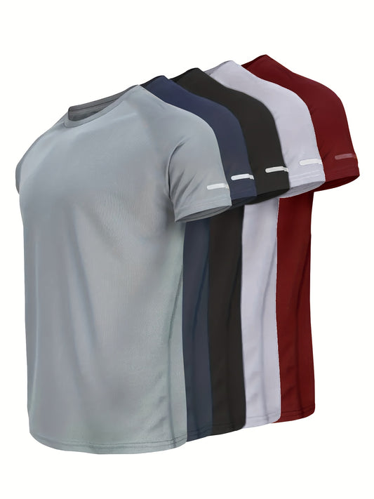 5pcs Printed Men's Quick-Dry Sports T-Shirts with Reflective Strips, Breathable and Quick-Dry Short Sleeve Crew Neck T-Shirts, Moisture-Wicking Tops for Gym, Fitness, and Running