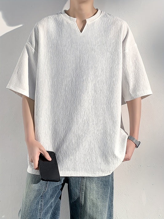 Men's Casual V-Neck T-Shirt - Breathable Fabric, Loose Fit Streetwear Style, Textured Solid Color Short Sleeve Tee for Summer Outdoor & Casual Attire, Soft Fabric Shirt, Leisure Outfit, Urban Fashion, Comfortable Material, Unisex Style