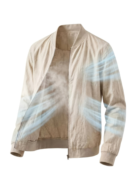 Spring Summer Thin Linen Baseball Collar Jacket Men'S Solid Color Casual Zipper Coat Breathable Anti-Wrinkle Washed Linen Baseball Uniform Daily Commuting All-Match Light Blue Beige Thin Flight Jacket Easy Loose Middle-Aged And Young Adult Sunscreen